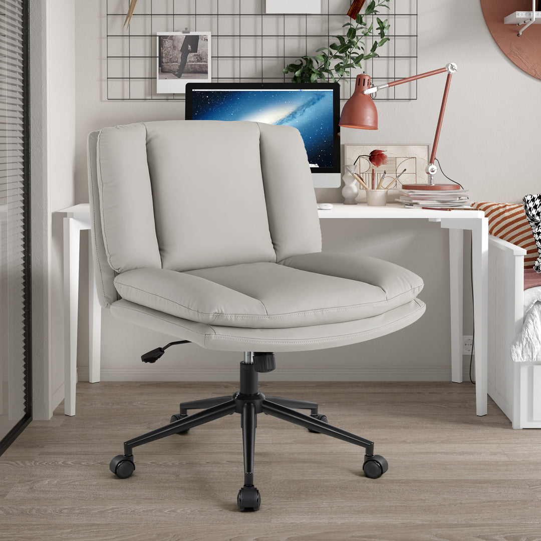 Gray Armless Office Desk Chair with Wheels, Faux Leather